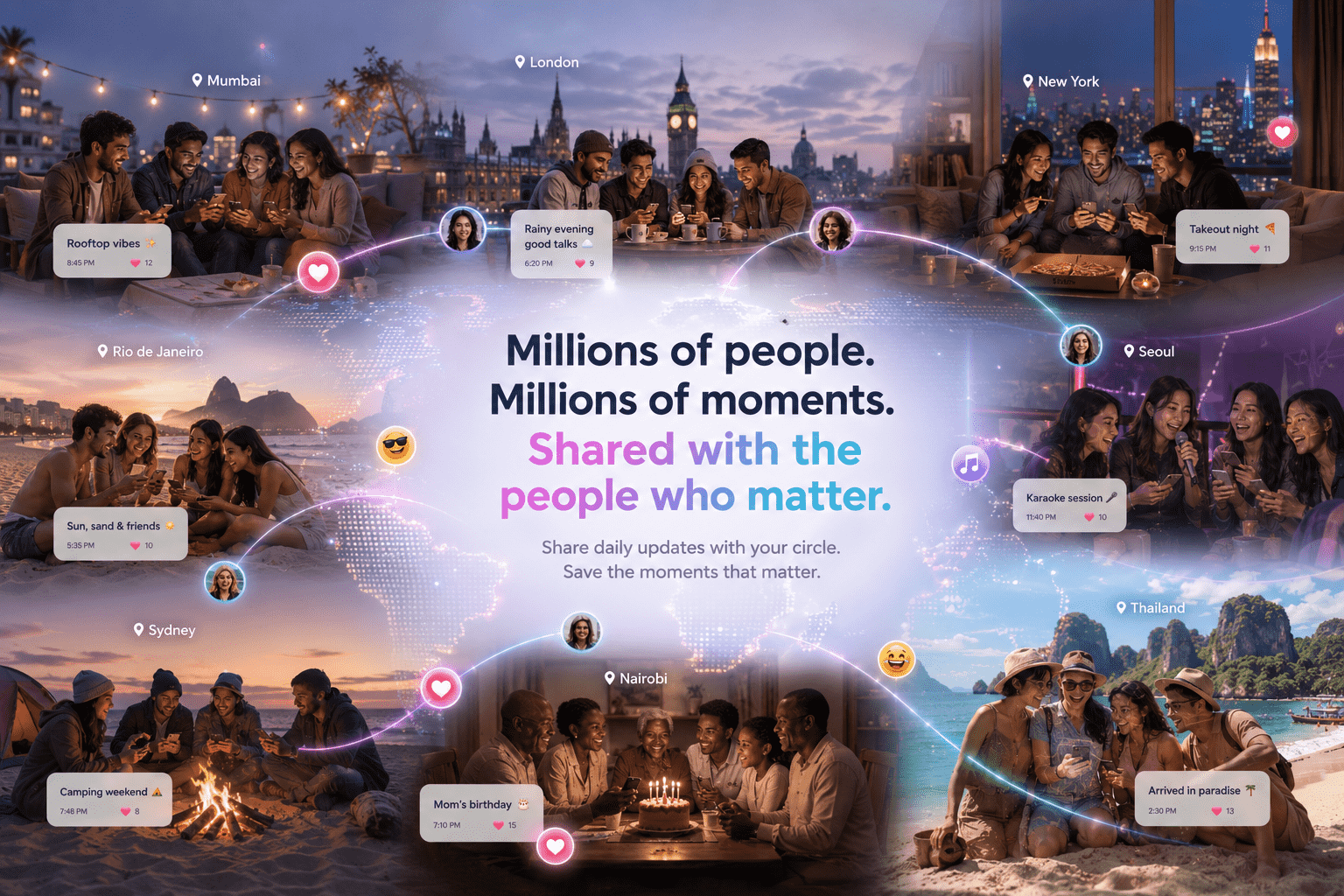 Friends and families around the world connected through shared moments