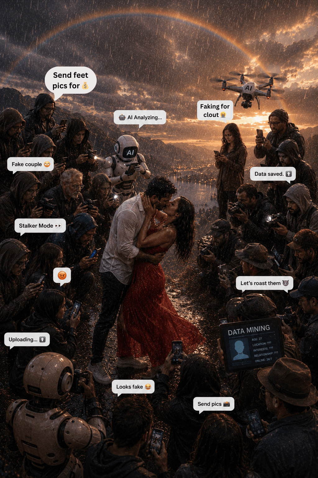 A romantic moment exposed to cameras, AI, and strangers